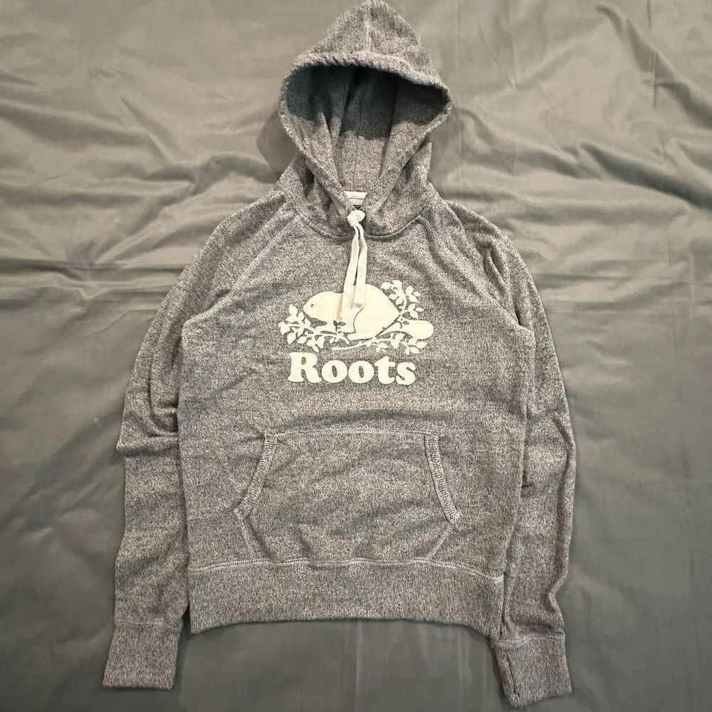 Roots Canada Hoodie Womens Medium Salt & Pepper Gray Beaver Logo Sweatshirt
